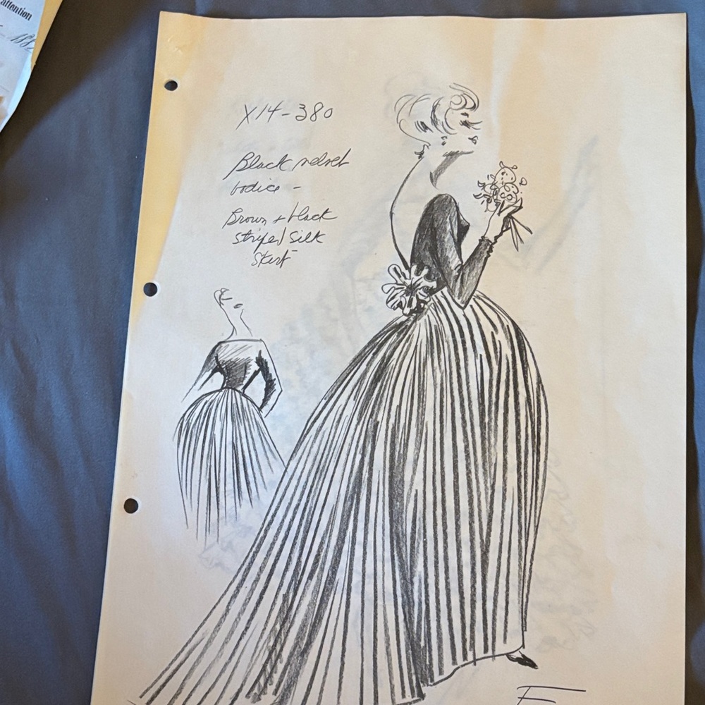 Vintage Black and White Evening Dress Hand Sketched